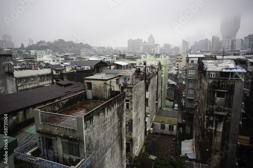 Old apartment blocks Macau China on a rainy day