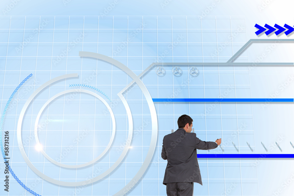 Composite image of businessman standing on ladder Composite image of businessman standing on ladder