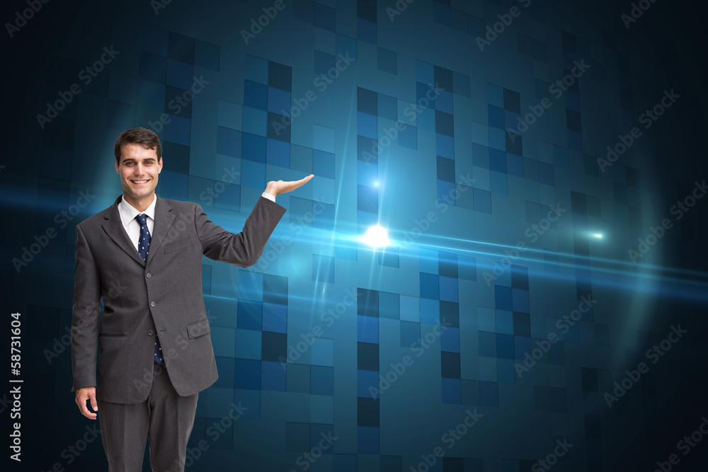 Composite image of happy businessman presenting Composite image of happy businessman presenting