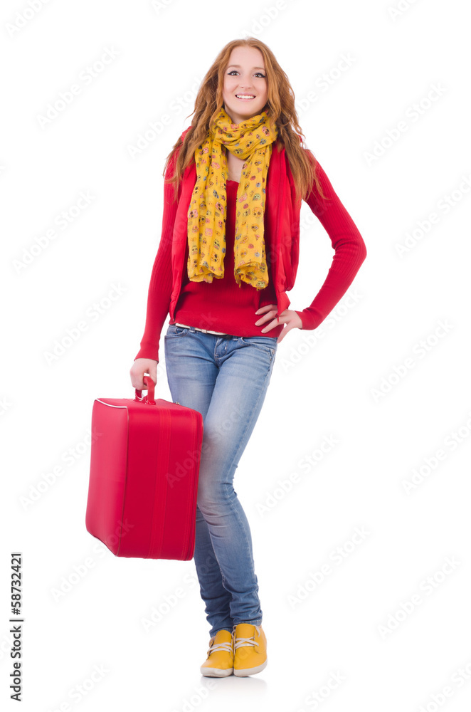 Woman preparing for vacation with suitcase on white Woman preparing for vacation with suitcase on white