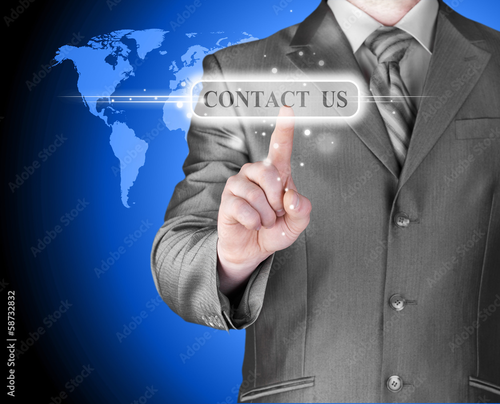 businessman hand pushing contact us button businessman hand pushing contact us button