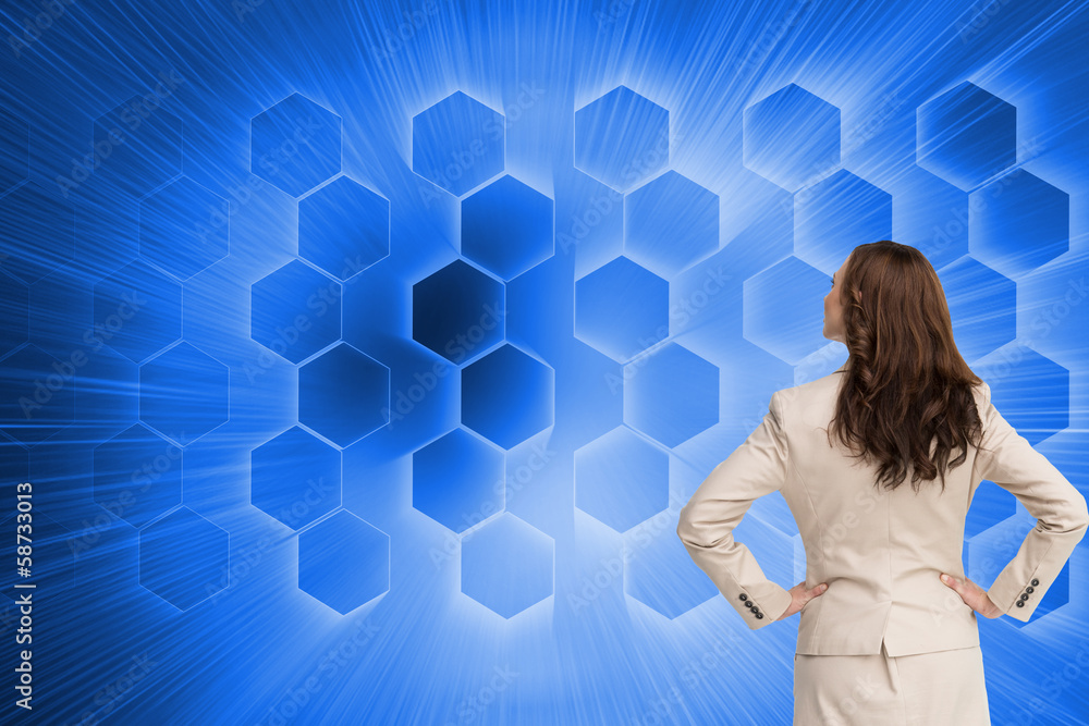 Composite image of businesswoman standing back to camera Composite image of businesswoman standing back to camera