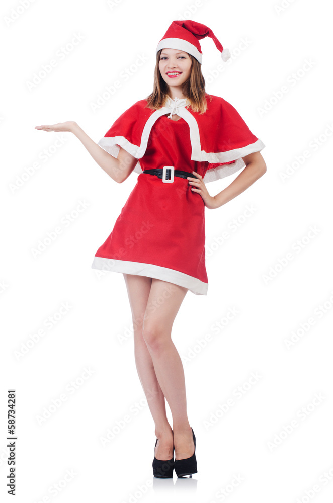 Young woman in red santa costume on white Young woman in red santa costume on white