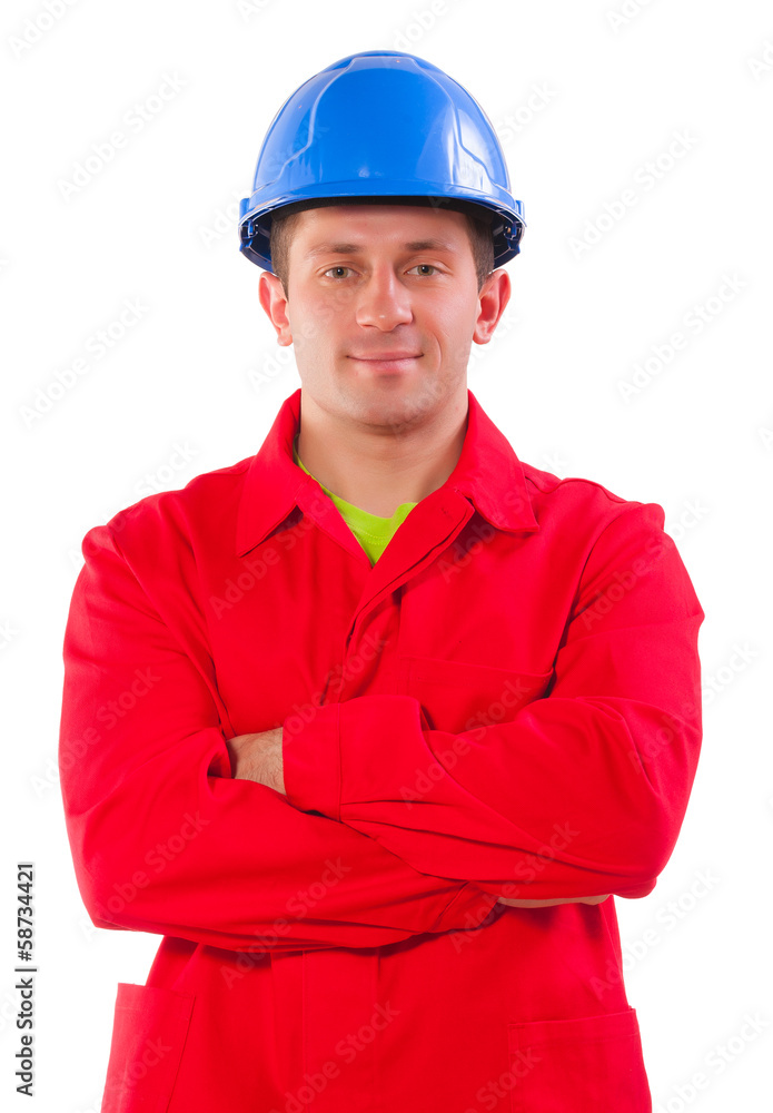 worker wearing in red jacket and blue hardhat worker wearing in red jacket and blue hardhat