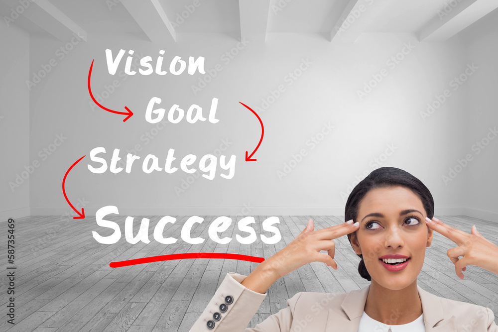 Composite image of confident young businesswoman pointing her he Composite image of confident young businesswoman pointing her he