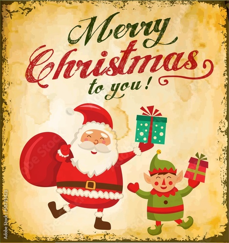 Vintage Christmas card with cute Santa claus and Christmas elf