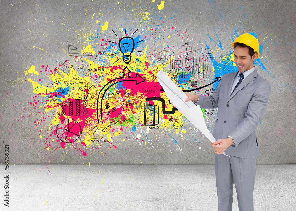 Composite image of smiling architect with hard hat looking at pl Composite image of smiling architect with hard hat looking at pl