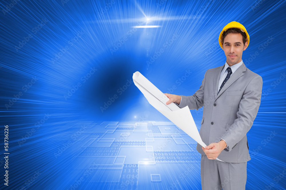 Composite image of serious architect with hard hat holding plans Composite image of serious architect with hard hat holding plans