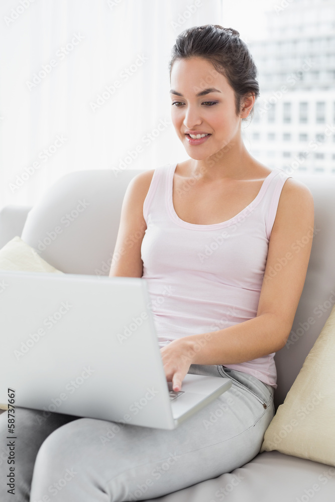 Young woman using laptop on sofa in living room Young woman using laptop on sofa in living room