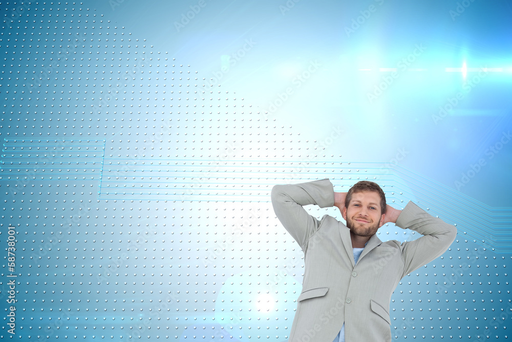 Composite image of suave man in a blazer with hands behind head Composite image of suave man in a blazer with hands behind head