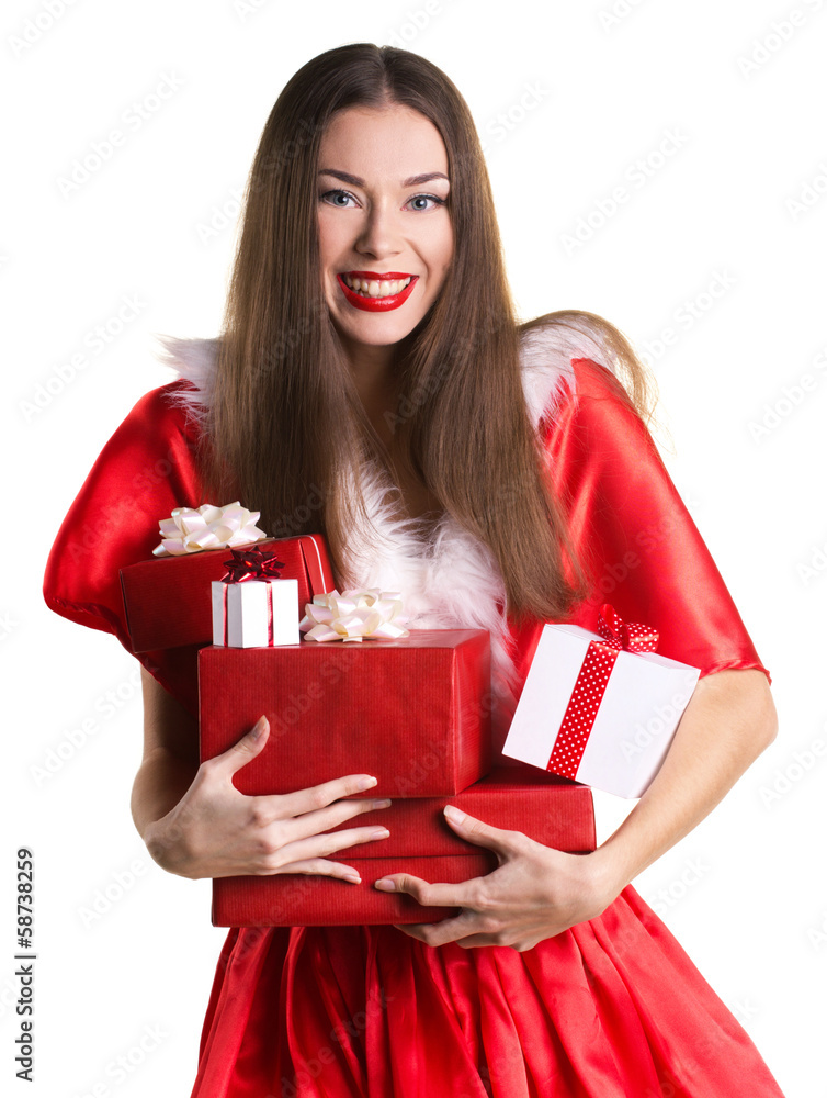 happy beautiful adult girl in red christmas costume with many p happy beautiful adult girl in red christmas costume with many p