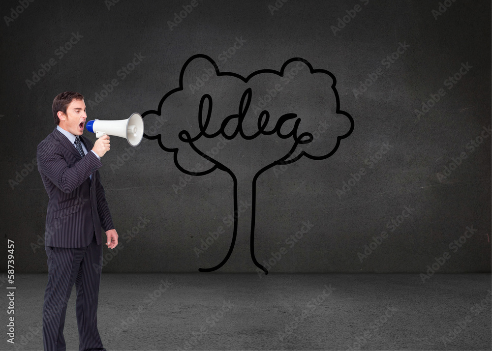 Composite image of standing businessman shouting through a megap Composite image of standing businessman shouting through a megap