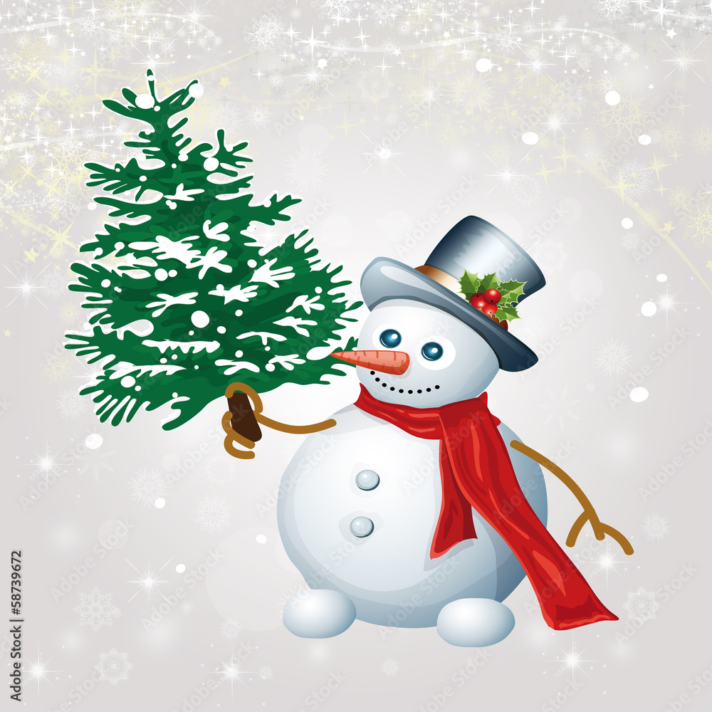 Skating happy snowman with christmas tree Skating happy snowman with christmas tree