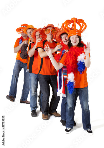 Group of Dutch soccer fans making polonaise over white backgroun