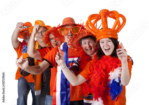 Group of Dutch soccer fans making polonaise over white backgroun