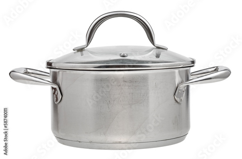 small stainless steel saucepan covered glass lid