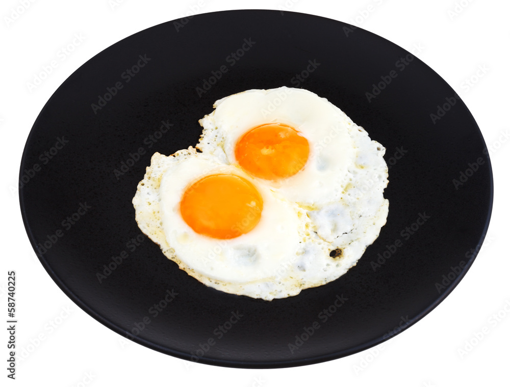 two fried eggs on ceramic black plate two fried eggs on ceramic black plate
