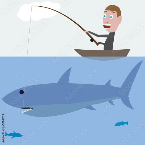 fisherman hunting a big shark. vector illustration EPS-8