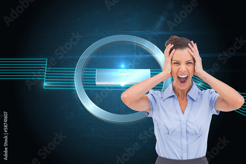 Composite image of stressed businessswoman with hand on her head photo