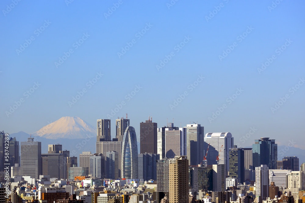 Obraz premium 東京都心から見える、冠雪した富士山と新宿高層ビル群（2013年11月）