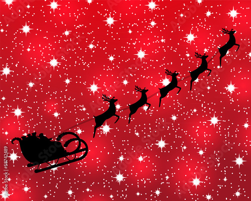 Santa rides a reindeer on a red background with stars