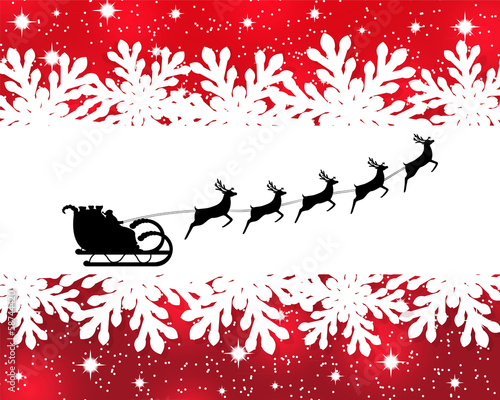 Santa rides a reindeer on a red background with stars