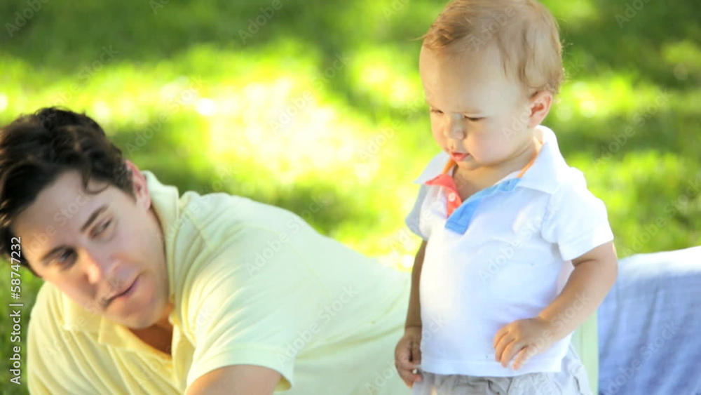Proud Caucasian Father Baby Son Enjoying Outing Park Proud Caucasian Father Baby Son Enjoying Outing Park