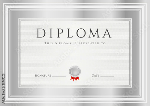 Certificate / Diploma template. Silver frame, medal, award