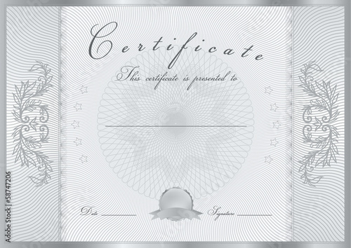 Certificate / Diploma template. Silver floral pattern, award