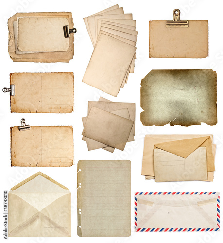 set of various old paper sheets, cards, envelopes