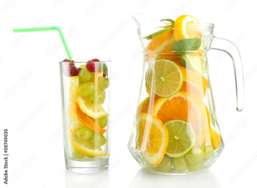 transparent jar and glass with citrus fruits and raspberries, transparent jar and glass with citrus fruits and raspberries,