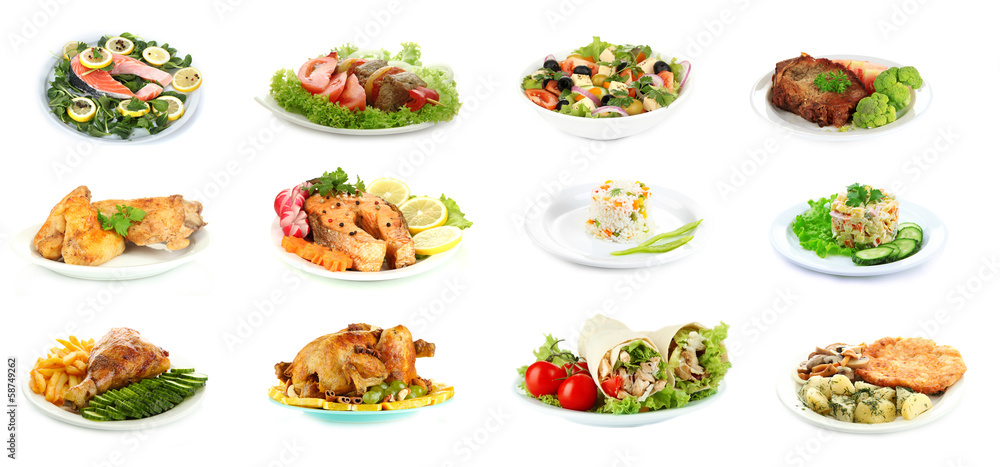 Collage of delicious dishes isolated on white Collage of delicious dishes isolated on white