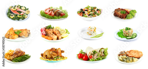 Collage of delicious dishes isolated on white