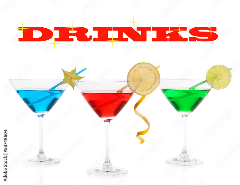 Alcoholic cocktails in martini glasses isolated on white Alcoholic cocktails in martini glasses isolated on white