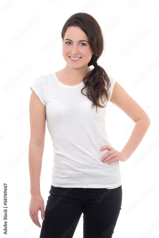 young attractive woman in white t-shirt smiling isolated on whit young attractive woman in white t-shirt smiling isolated on whit