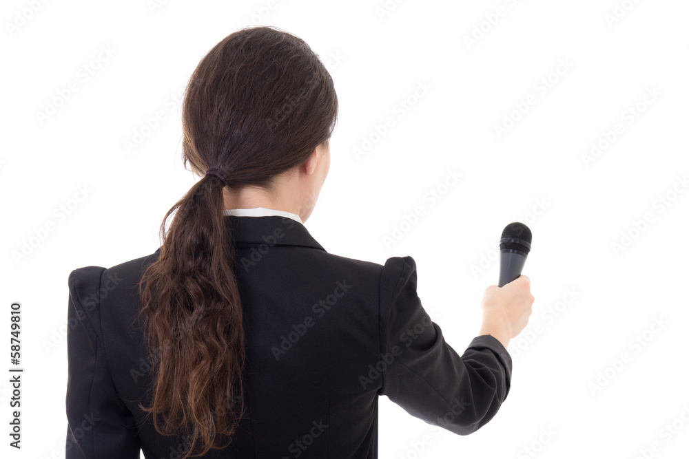 female journalist with microphone isolated on white female journalist with microphone isolated on white