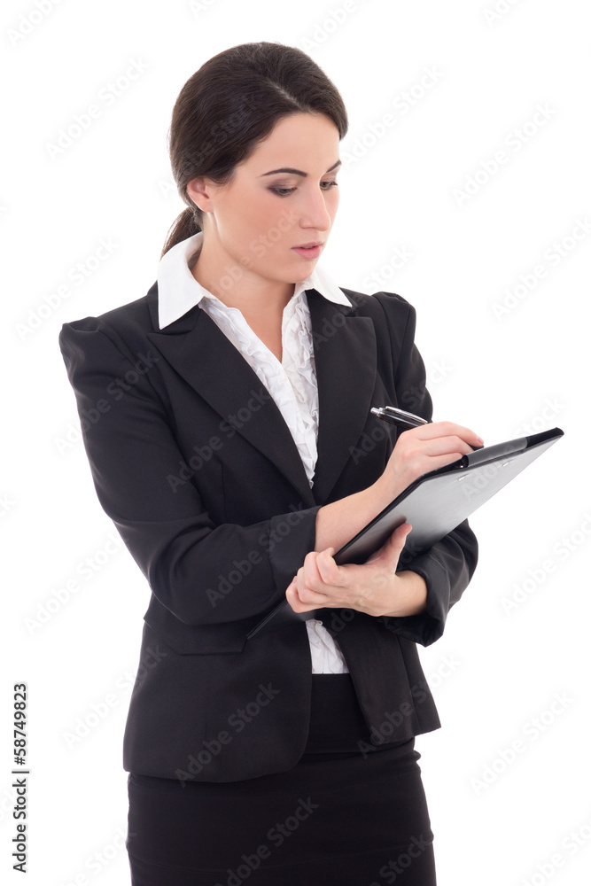 businesswoman in black suit with pen and folder isolated on whit businesswoman in black suit with pen and folder isolated on whit