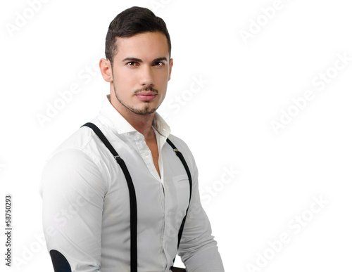 Elegant young man with white shirt and suspenders © theartofphoto