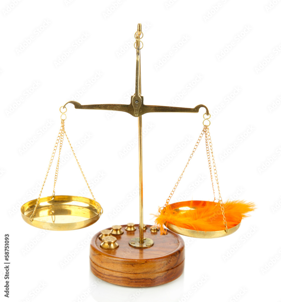Balance scale with feather isolated on white Balance scale with feather isolated on white