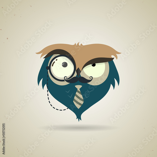 Cute little blue and grey cartoon hipster owl