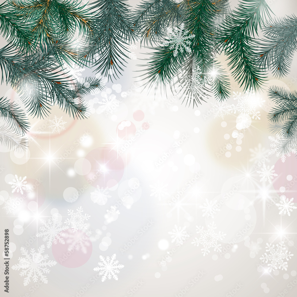 carte de Noël : branches de sapin,  neige, bokeh