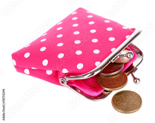 Pink purse with money isolated on white