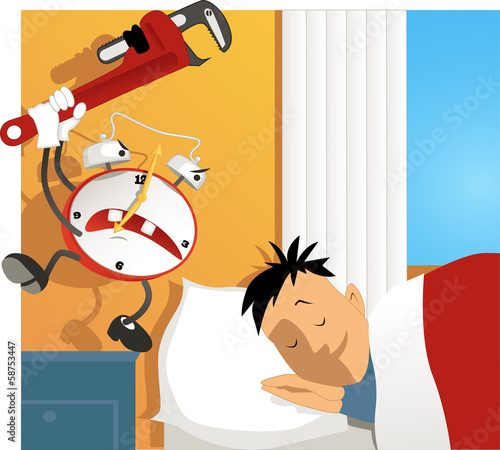 Crazy alarm clock hitting a sleeping man with a wrench