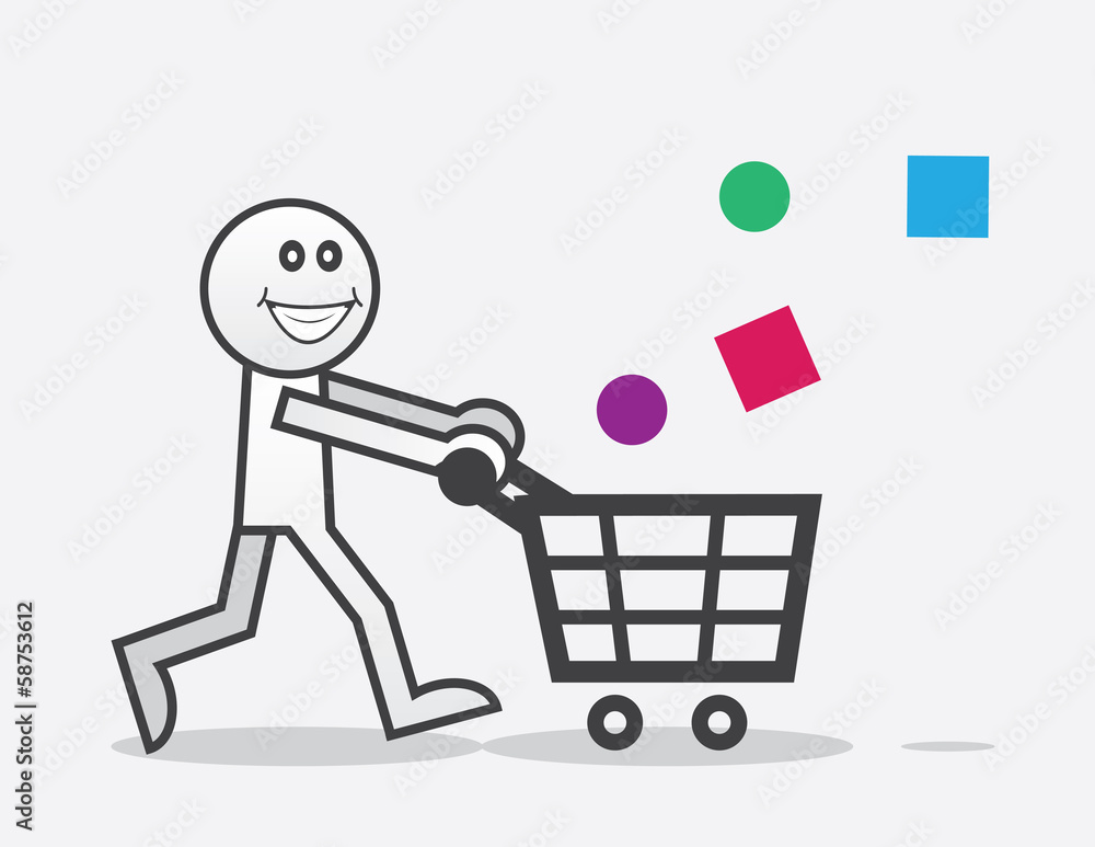Happy shopper with objects falling into cart Happy shopper with objects falling into cart
