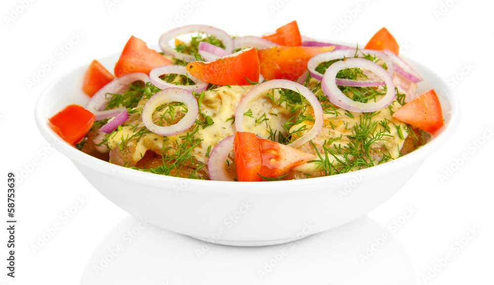 Turkey meat with spices in bowl isolated on white Turkey meat with spices in bowl isolated on white