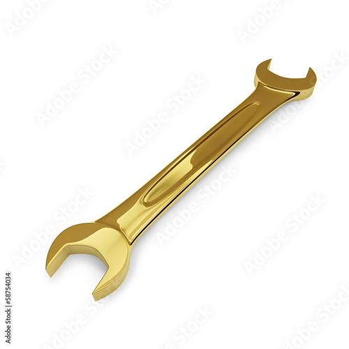 Golden glossy wrench isolated on white background. photo