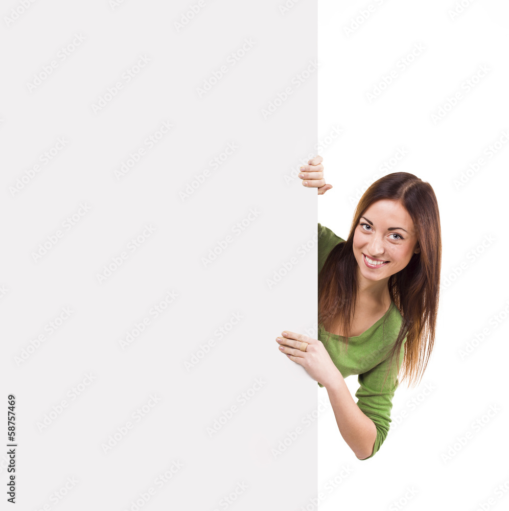Happy smiling woman showing blank signboard. isolated on white Happy smiling woman showing blank signboard. isolated on white