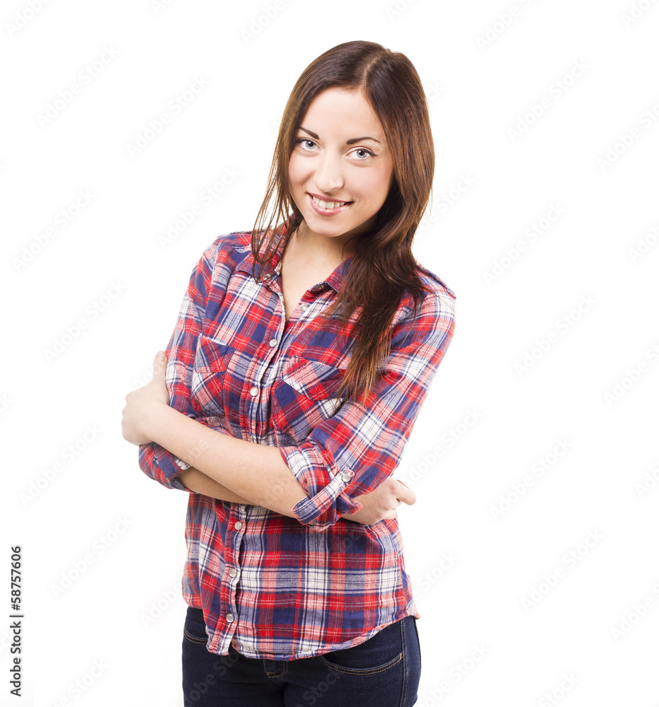 girl in a shirt in studio. white background