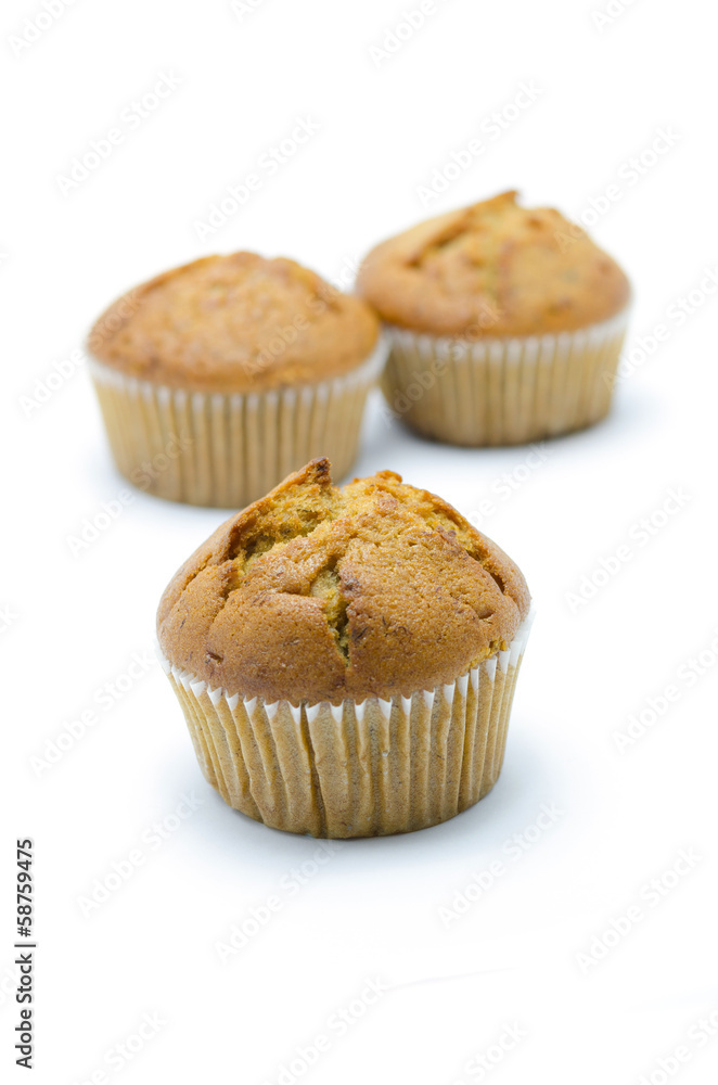 Banana cup cake isolated on white Background.