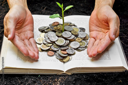 Hands caring tree growing from books with coins